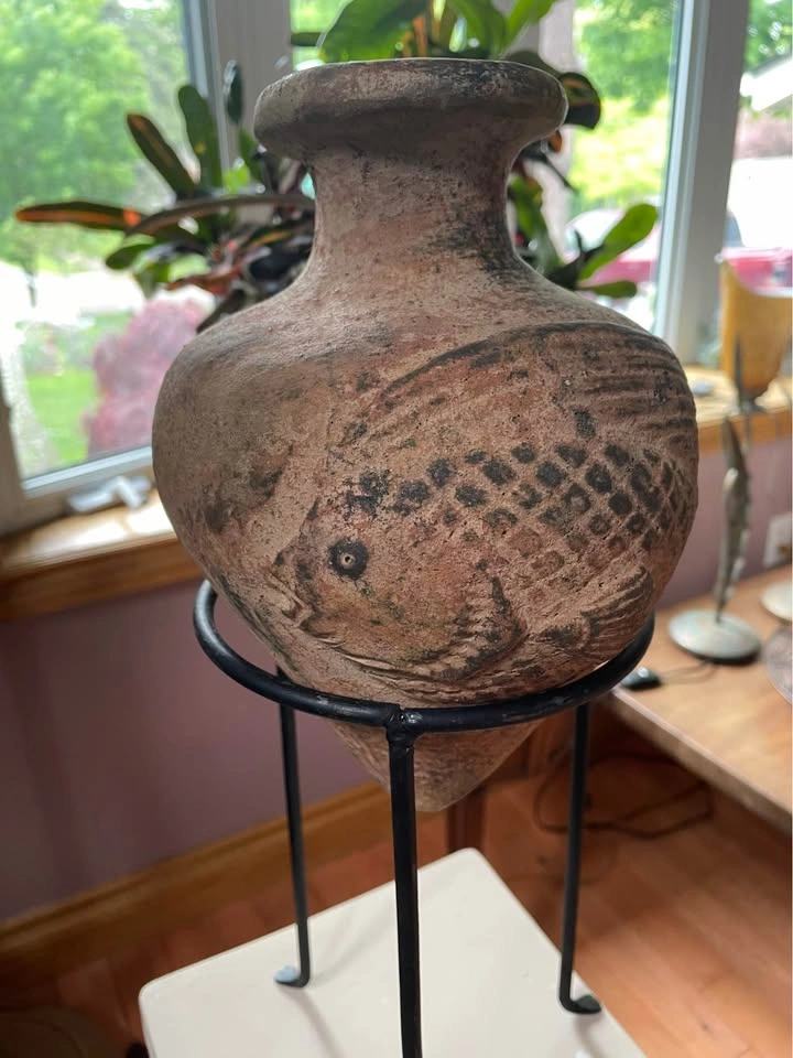 Rustic Hand-Painted Terracotta Fish Planter Pot with Metal Stand - photo 4