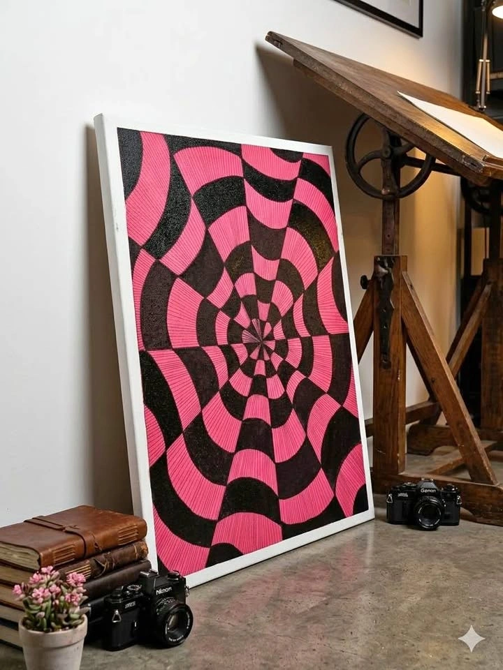 Pink and Black Op Art Optical Illusion Painting