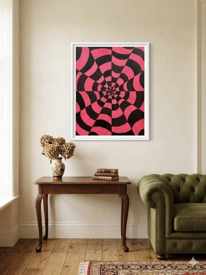 Pink and Black Op Art Optical Illusion Painting - photo 2