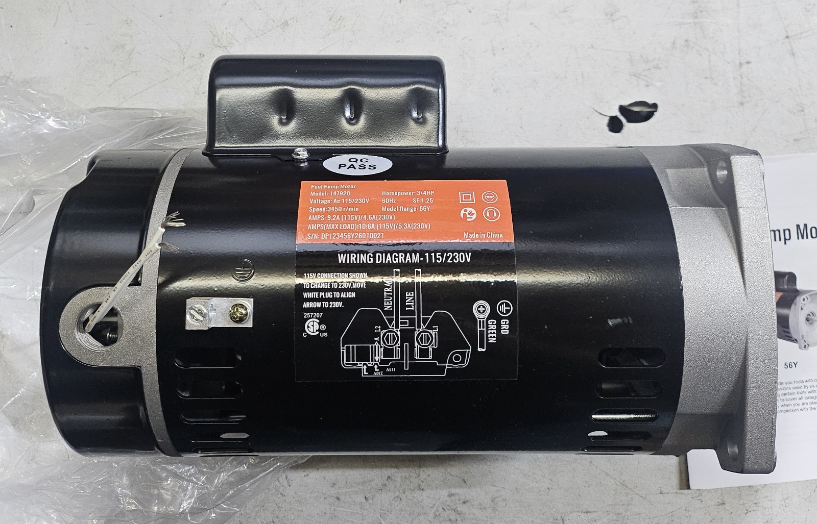 B2852 Pool Pump Motor - 3/4 HP Single Phase Pump Motors, Square