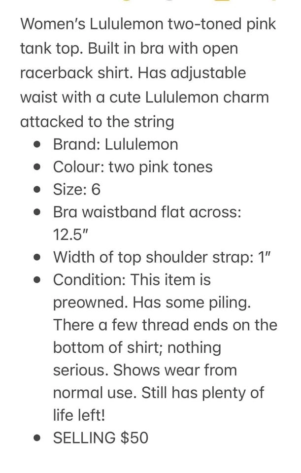 Lululemon Pink Tank Top Size 6 - photo 4
