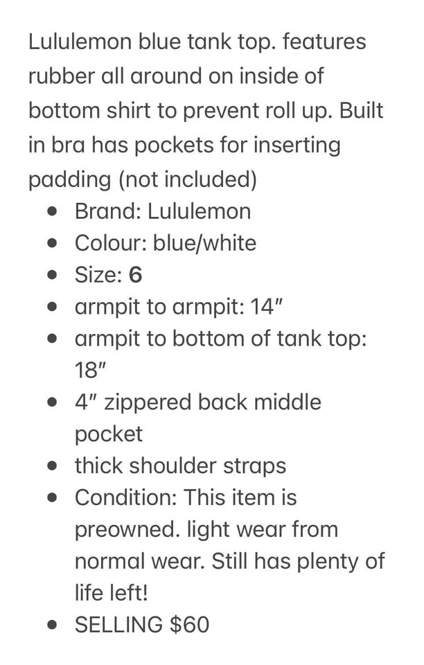 Women's Lululemon Blue Running Tank Top Size 6 - photo 4