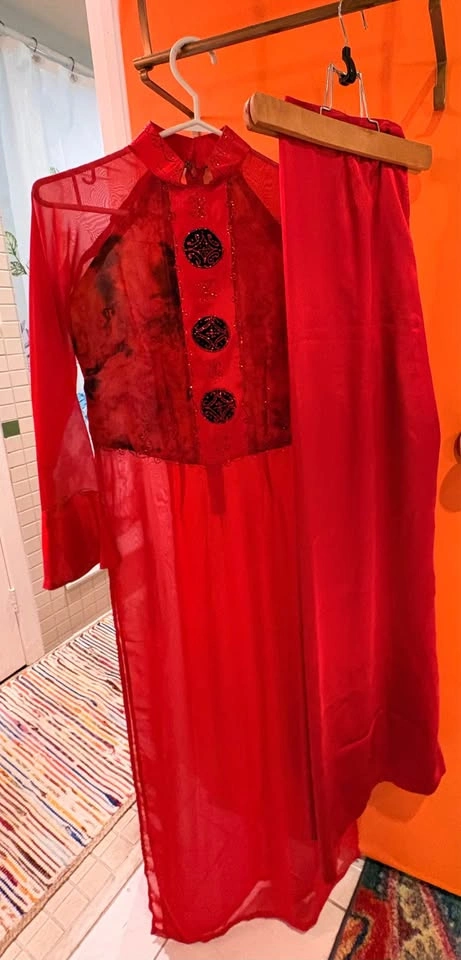 Red Patterned Ao Dai Traditional Vietnamese Dress - photo 2