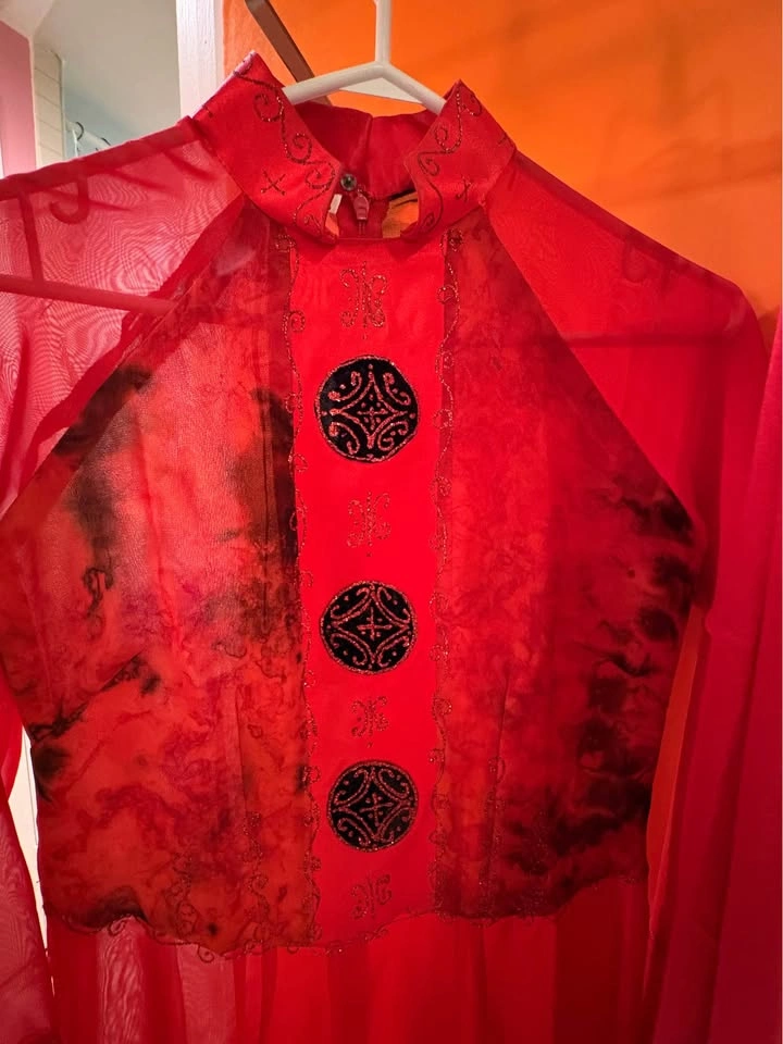 Red Patterned Ao Dai Traditional Vietnamese Dress - photo 4