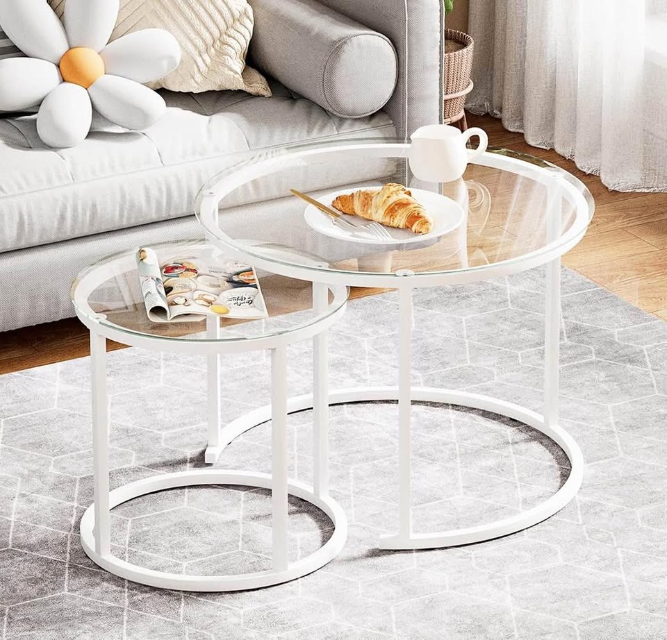 New White Glass Nesting Coffee Table, 2 Accent Tables