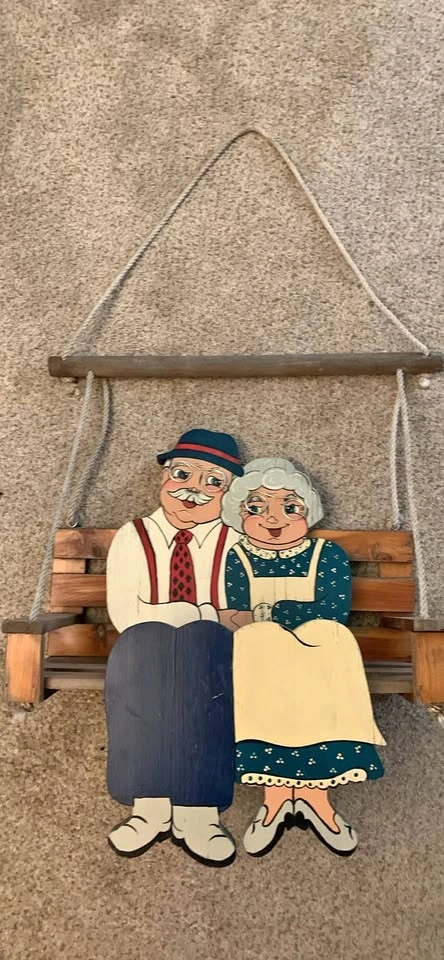 Hand-Painted Wood Hanging Piece: Grandma & Grandpa on Swing