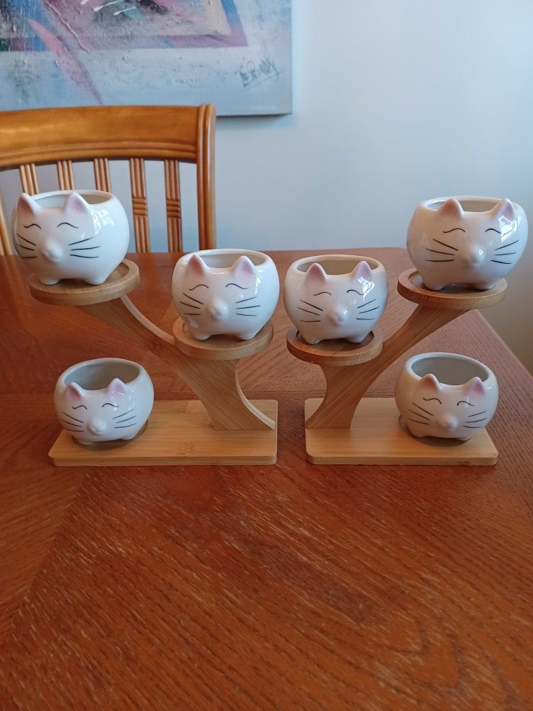 2 Sets Of Ceramic Cat Shaped Planters For Succulents