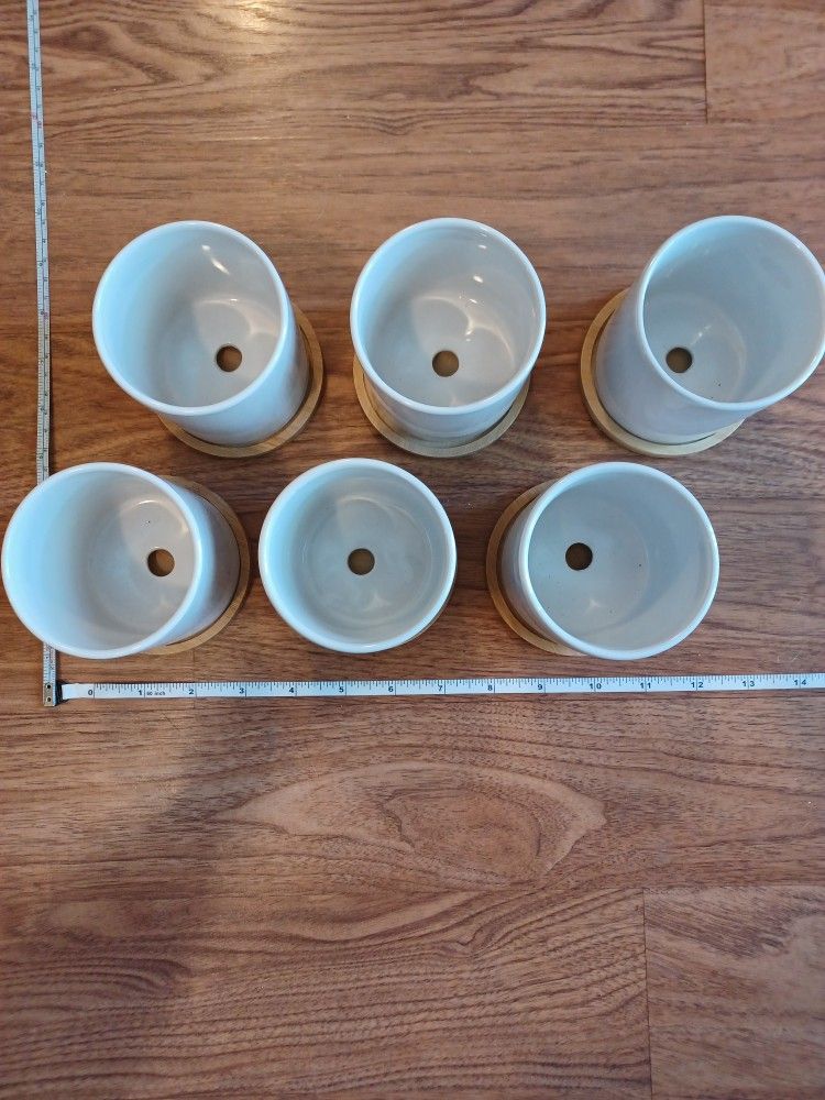 6 White Ceramic Planter Pots With Wooden Catch Basins - photo 2