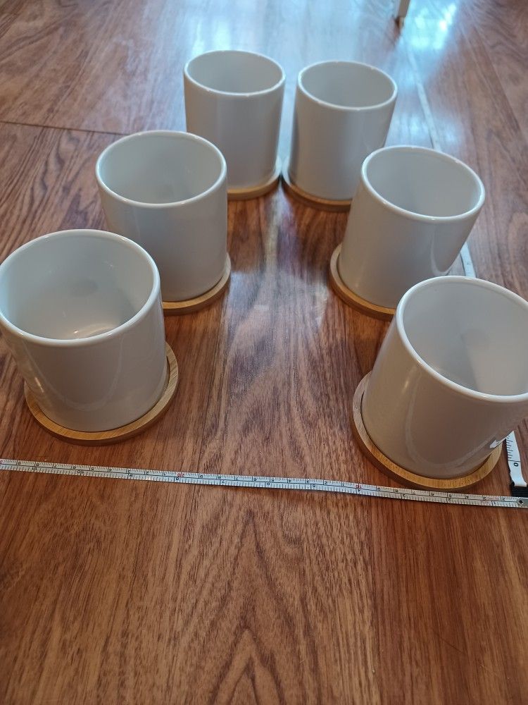 6 White Ceramic Planter Pots With Wooden Catch Basins - photo 3