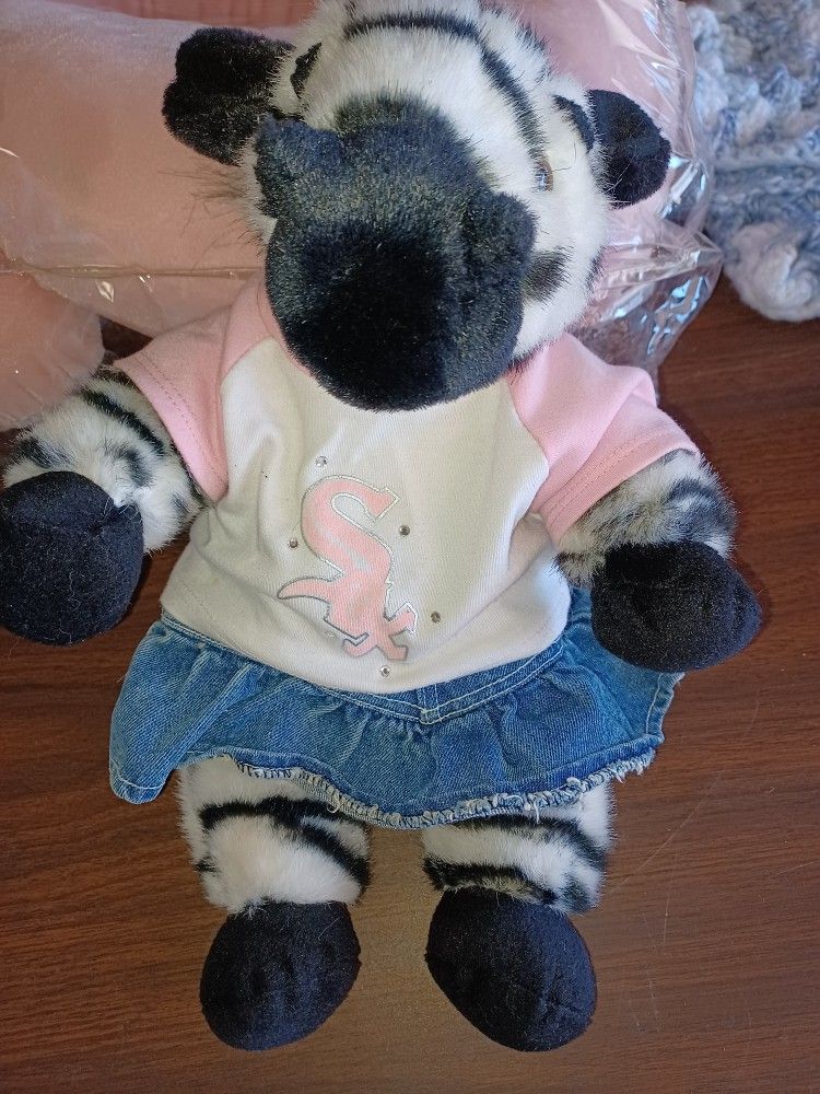 Plush Zebra In BABW White Sox Jersey And Jean Skirt