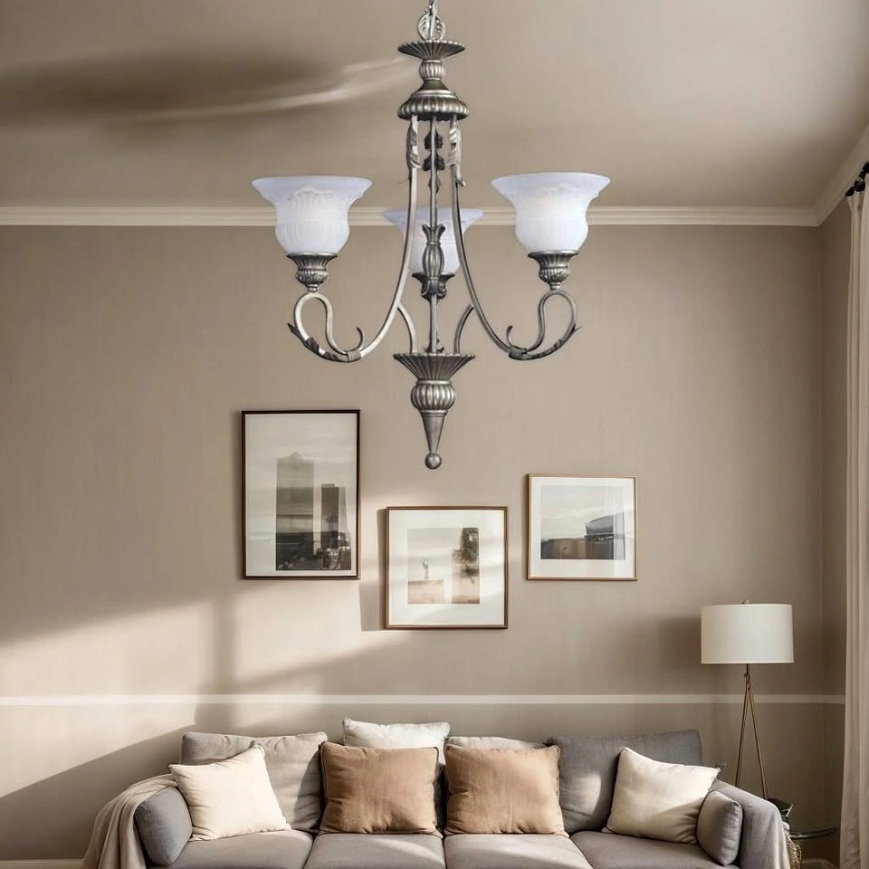 Three Light Chandelier - Golden Ash w/ Embossed Etched Glass
