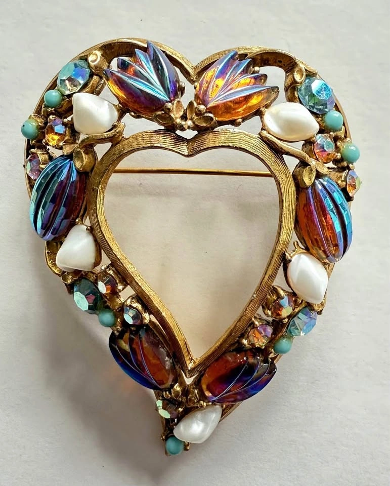 Florenza Heart Brooch Faux Baby Tooth Pearls AB Rhinestones