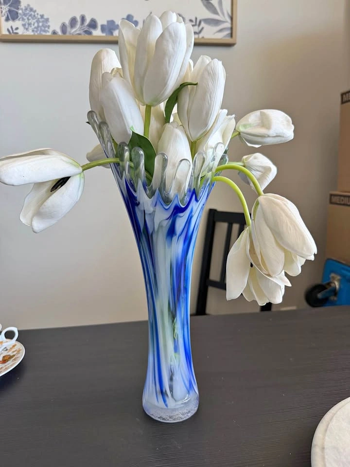 MOVING SALE: Hand Blown Murano Glass Vase with faux Tulips