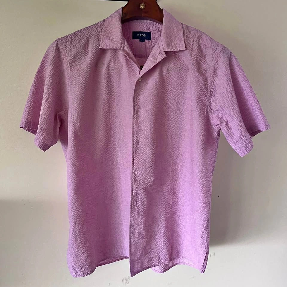 Men’s ETON Lilac Seersucker Cuban Collar Short Sleeve Shirt: L