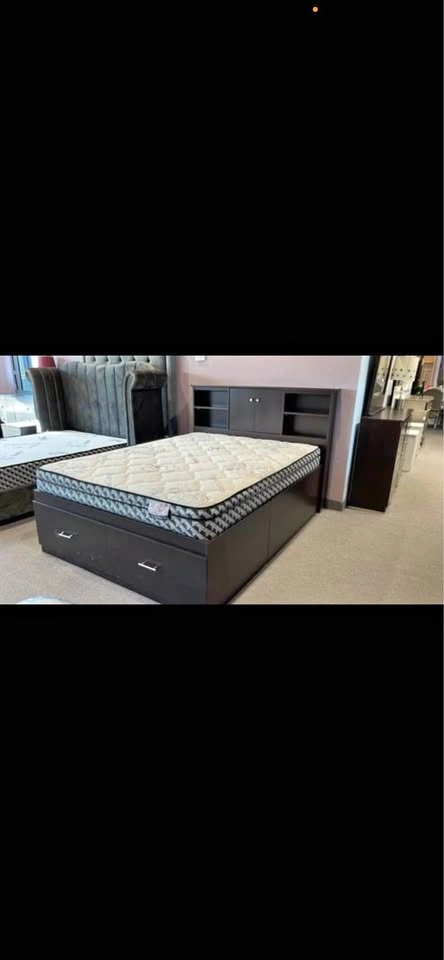 Queen Bed Frame with Storage and Bookshelf Headboard