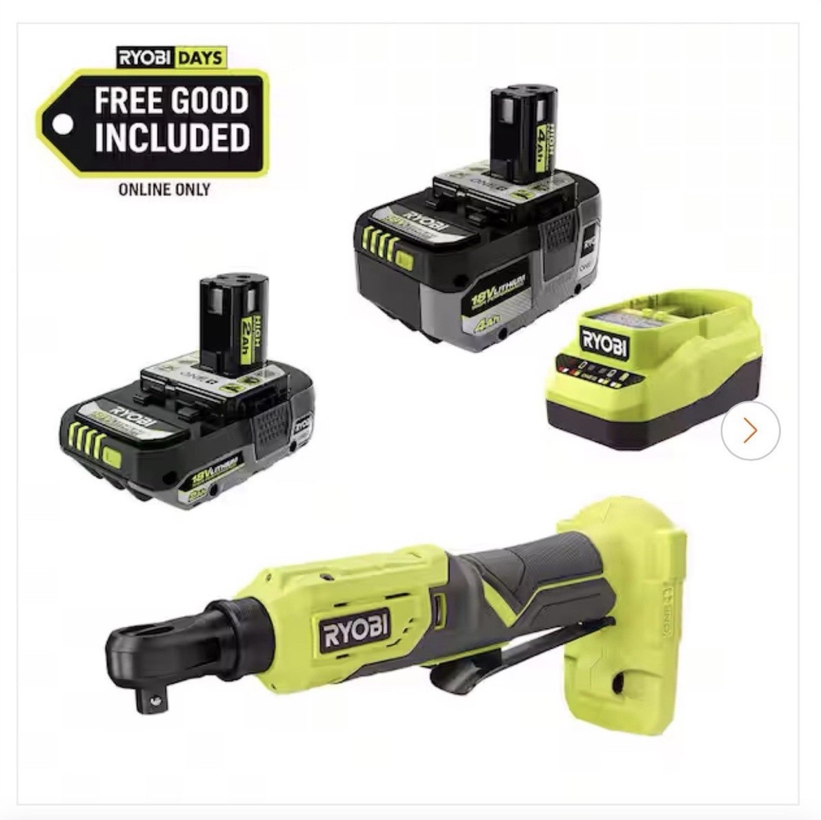 Ryobi ONE+ 18V Cordless 3/8 in Ratchet Kit w/ 2 Batteries & Char