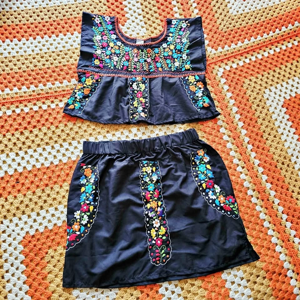 Mexican Embroidered Skirt Crop Top Set NWOT Black Floral