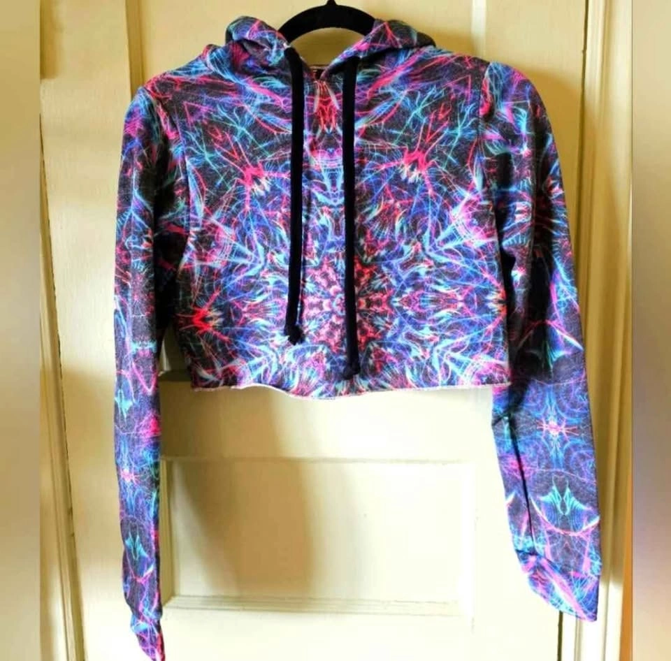 Small brand new psychedelic cropped colorful hippie raver hoodie - photo 2