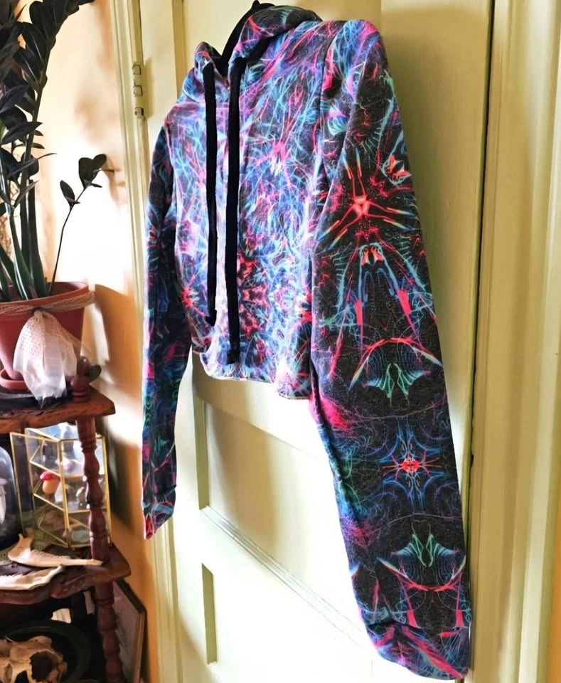 Small brand new psychedelic cropped colorful hippie raver hoodie - photo 5