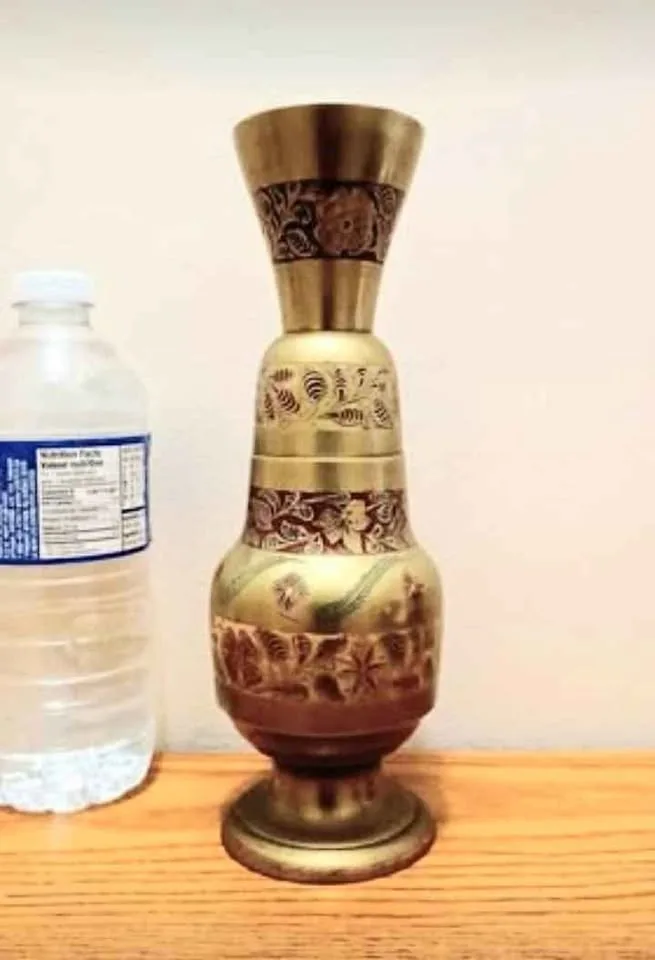 1940s Boho Hand Painted Etched Brass Vase thumbnail