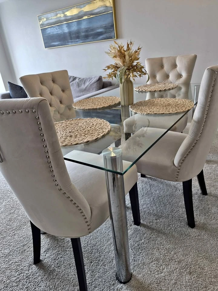 Glass Top Dining Table with 4 Tufted Chairs