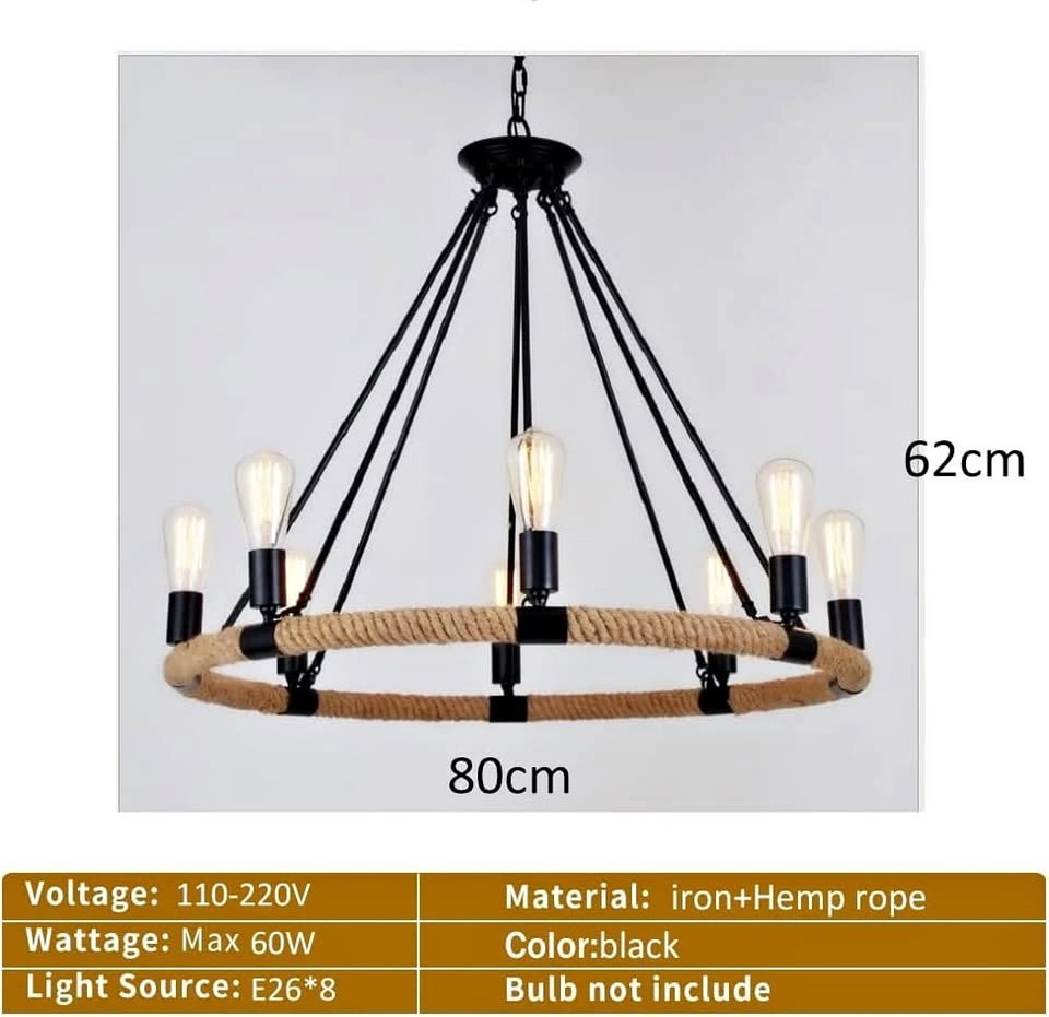 8-Light Black Wagon Wheel Chandelier with Hemp Rope