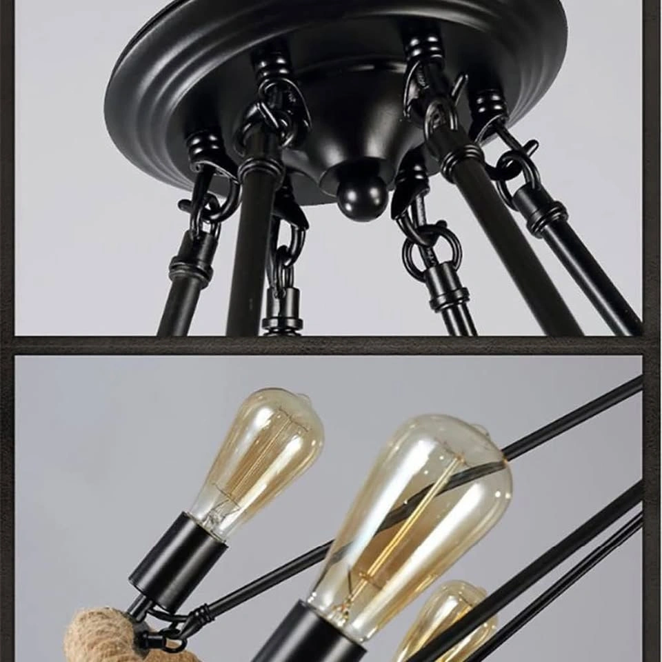 8-Light Black Wagon Wheel Chandelier with Hemp Rope - photo 2