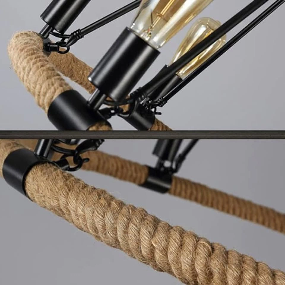 8-Light Black Wagon Wheel Chandelier with Hemp Rope - photo 3