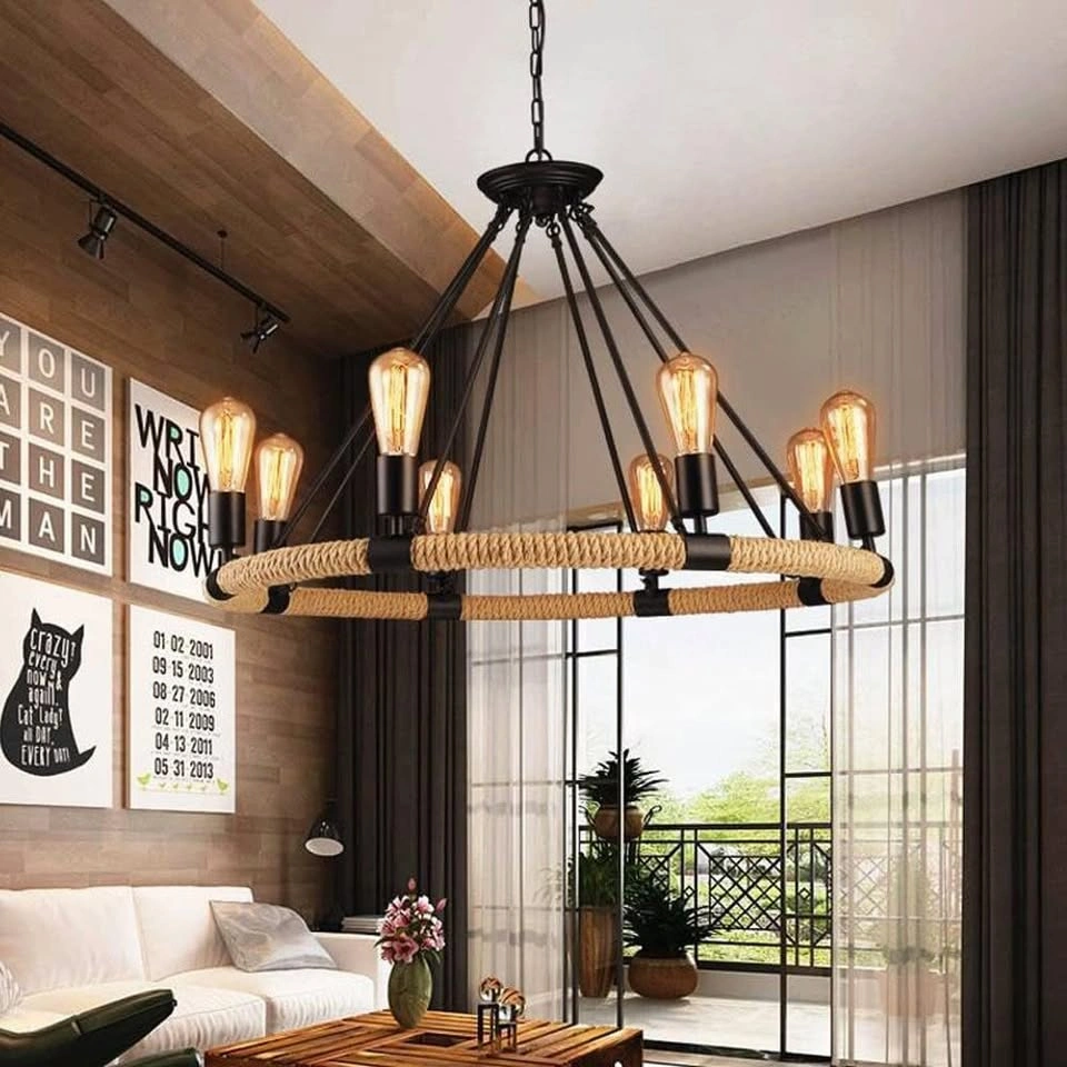 8-Light Black Wagon Wheel Chandelier with Hemp Rope - photo 4