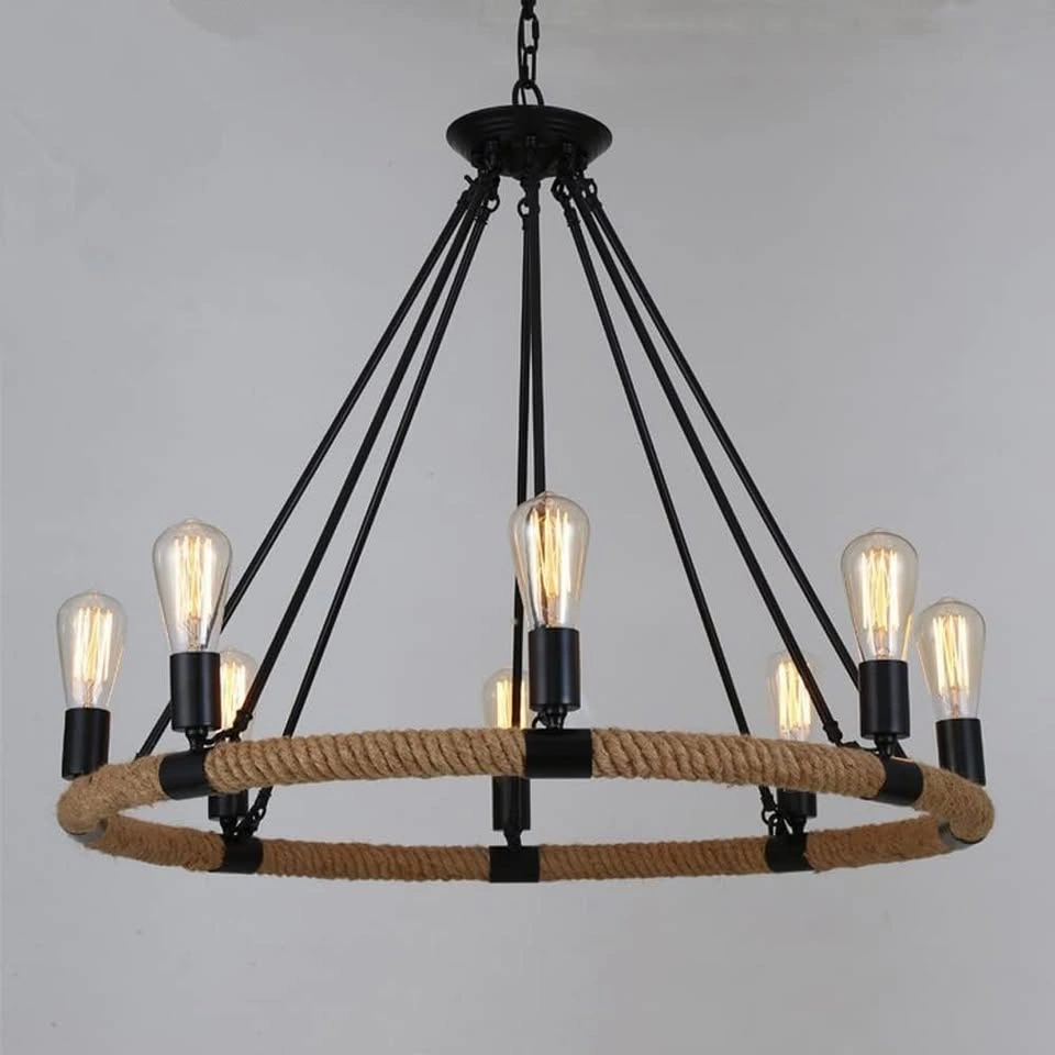 8-Light Black Wagon Wheel Chandelier with Hemp Rope - photo 5