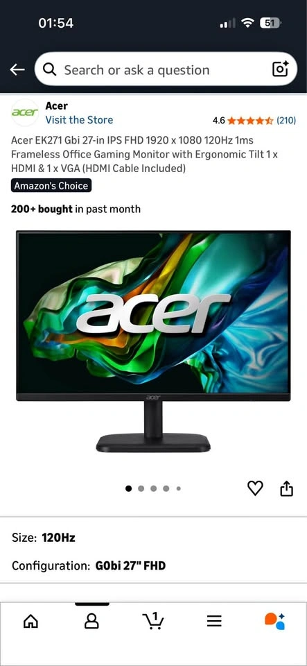 Acer 27" IPS FHD Monitor (120Hz, 1ms) - Like New Condition