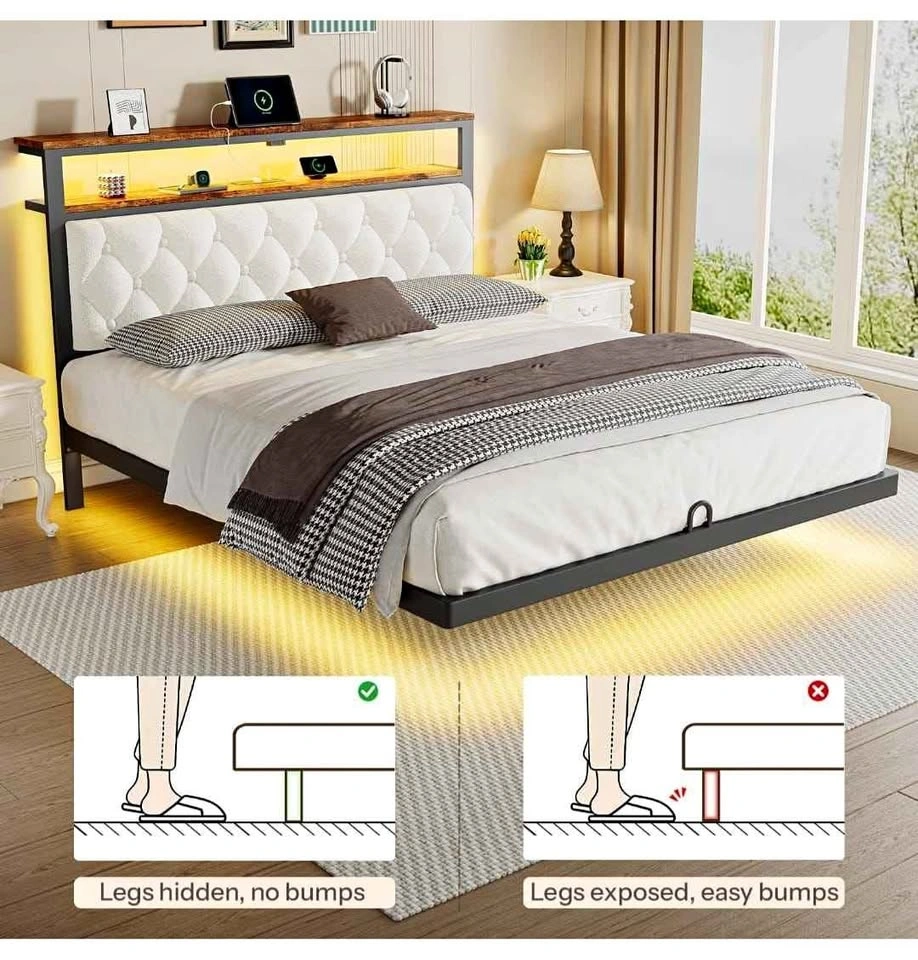 Queen Floating Bed Frame with Storage Headboard and Charging Sta