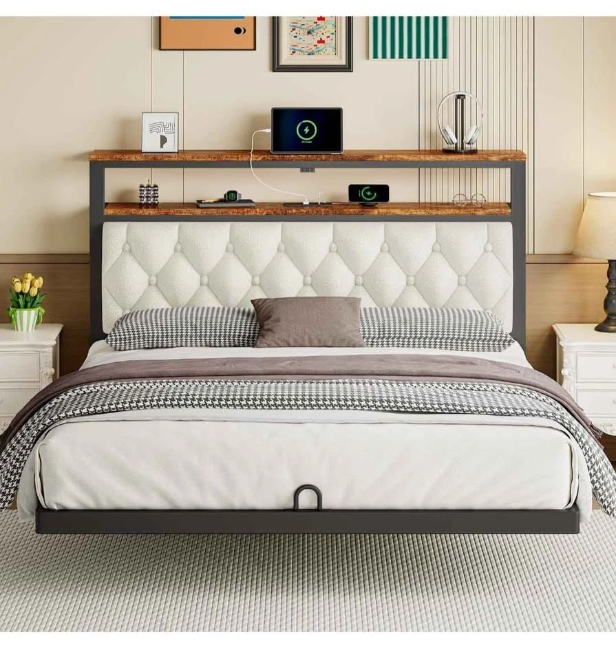 Queen Floating Bed Frame with Storage Headboard and Charging Sta - photo 2