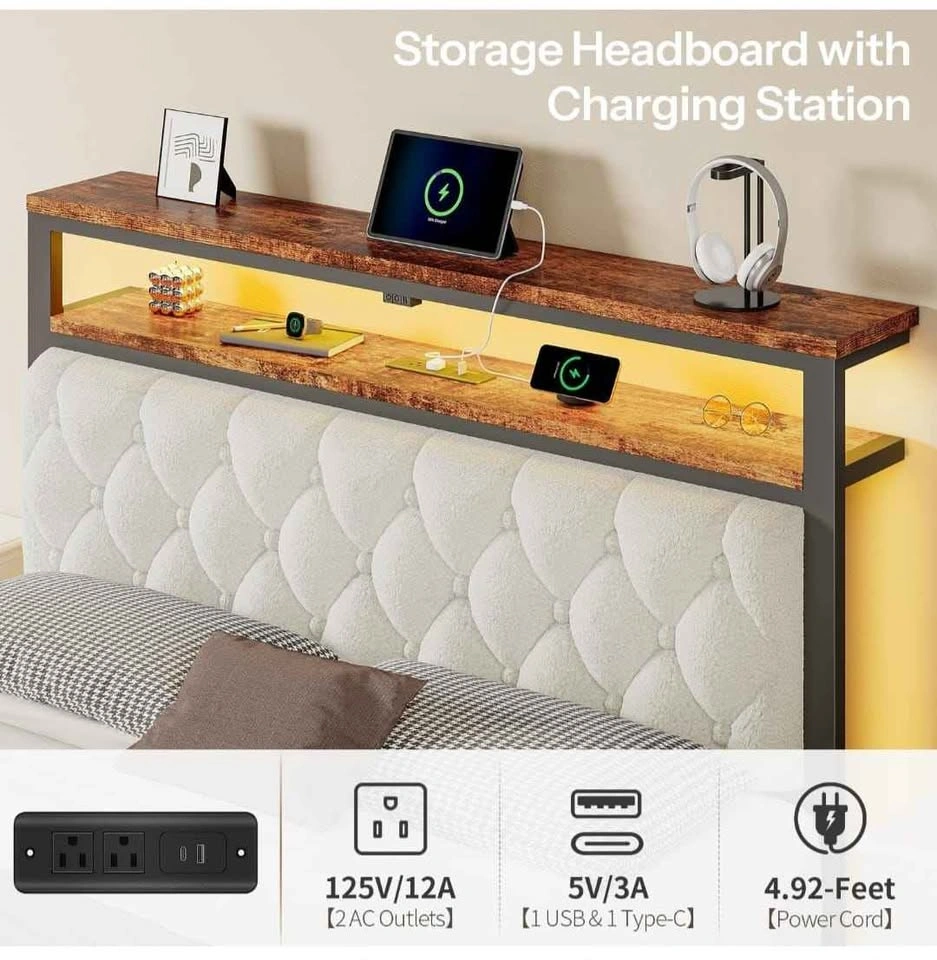 Queen Floating Bed Frame with Storage Headboard and Charging Sta - photo 4