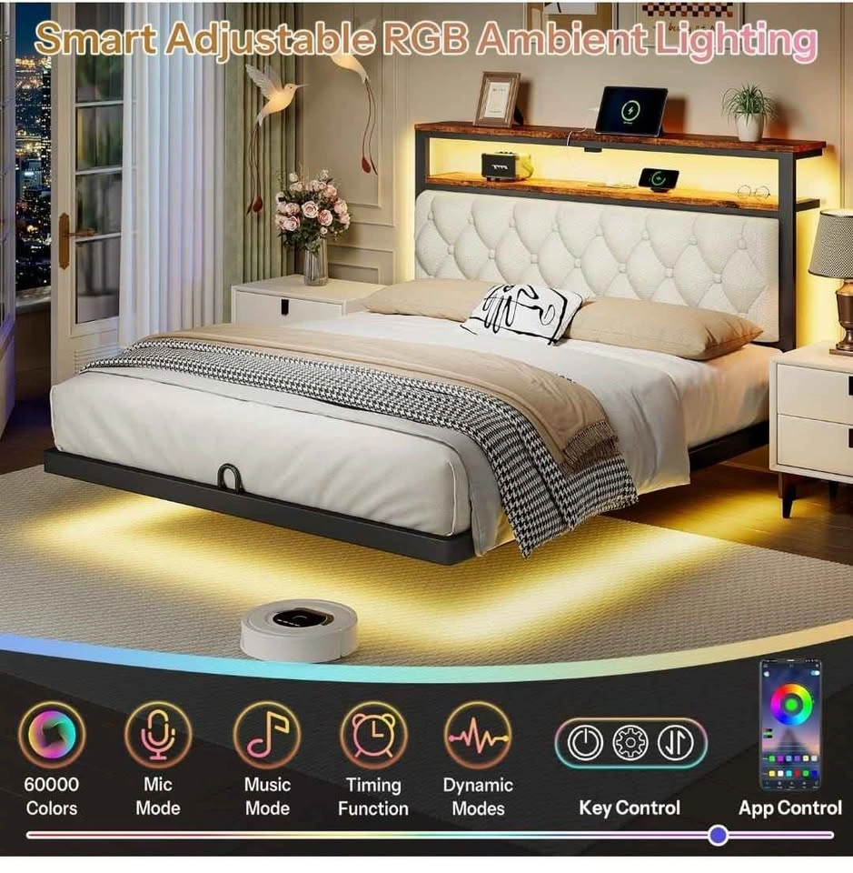 Queen Floating Bed Frame with Storage Headboard and Charging Sta - photo 5