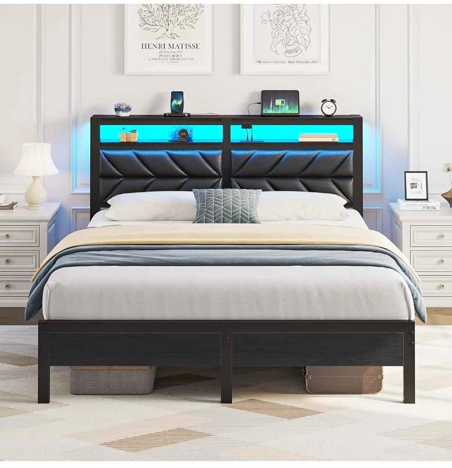 King Size Metal Bed Frame with LED Headboard and Charging Statio
