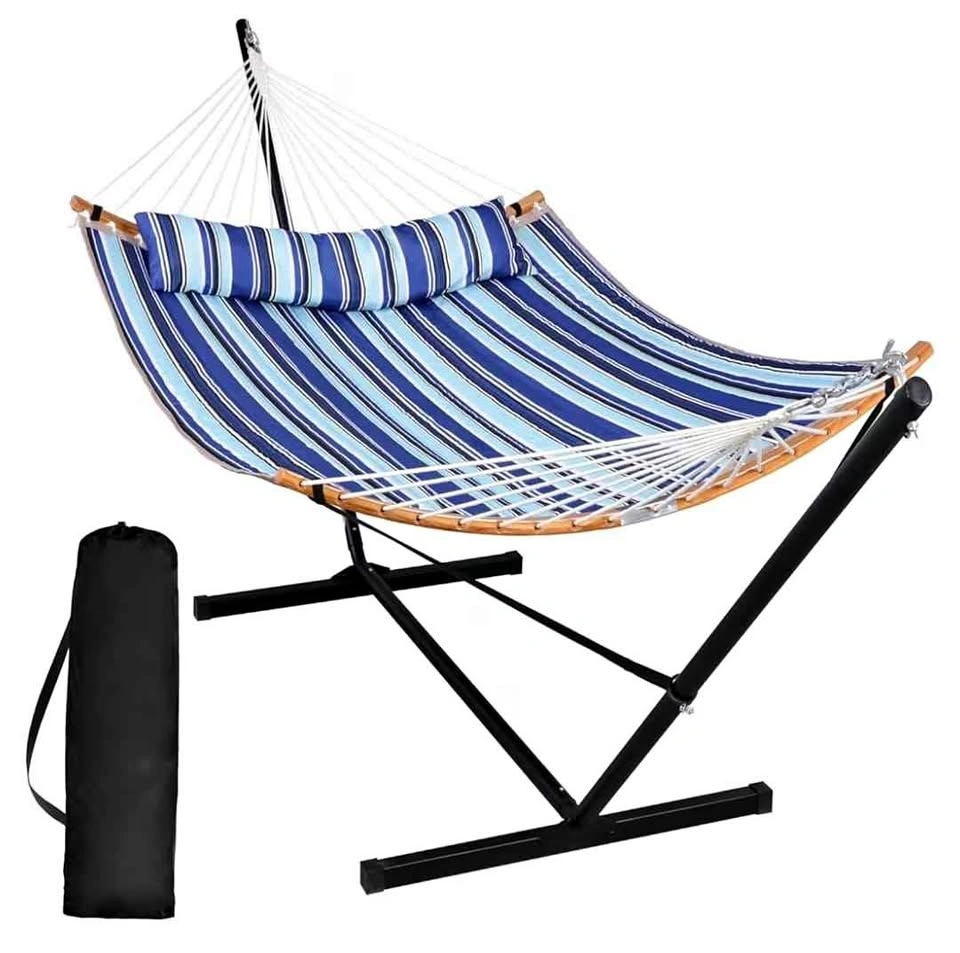 Brand New Double Hammock with Stand and Pillow, Blue Stripes