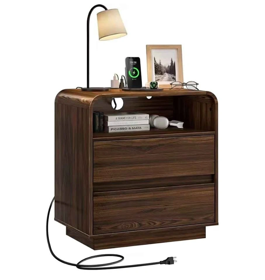 Brand New Modern Walnut End Table - Charging Station & Drawers