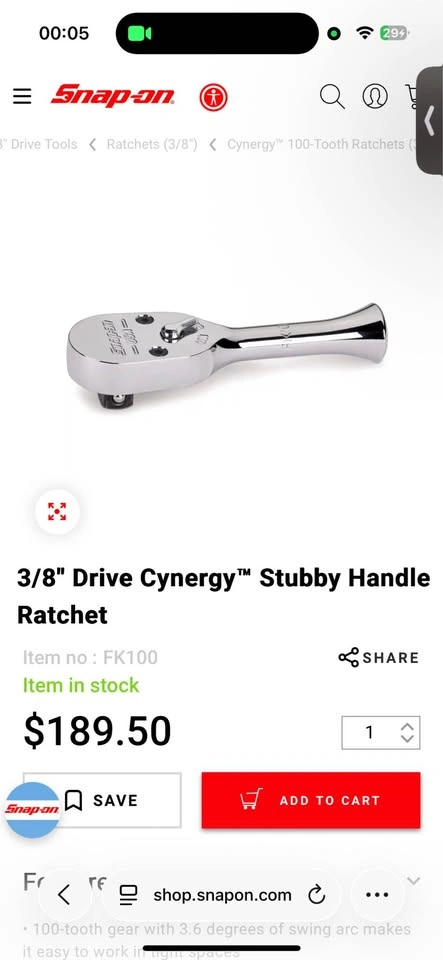 Snap-on 3/8" Drive Cynergy Stubby Handle Ratchet FK100 - photo 2