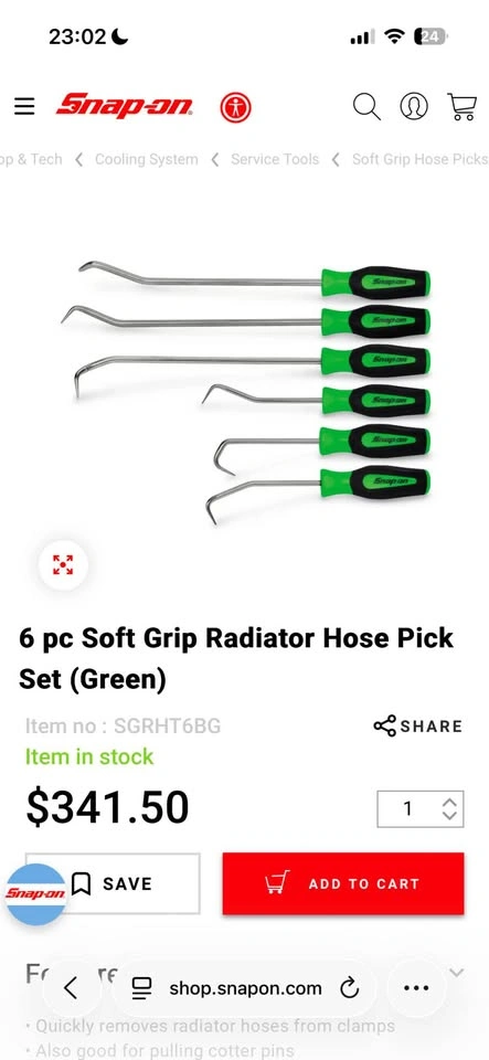 Snap-on 6 pc Soft Grip Radiator Hose Pick Set Green - photo 2