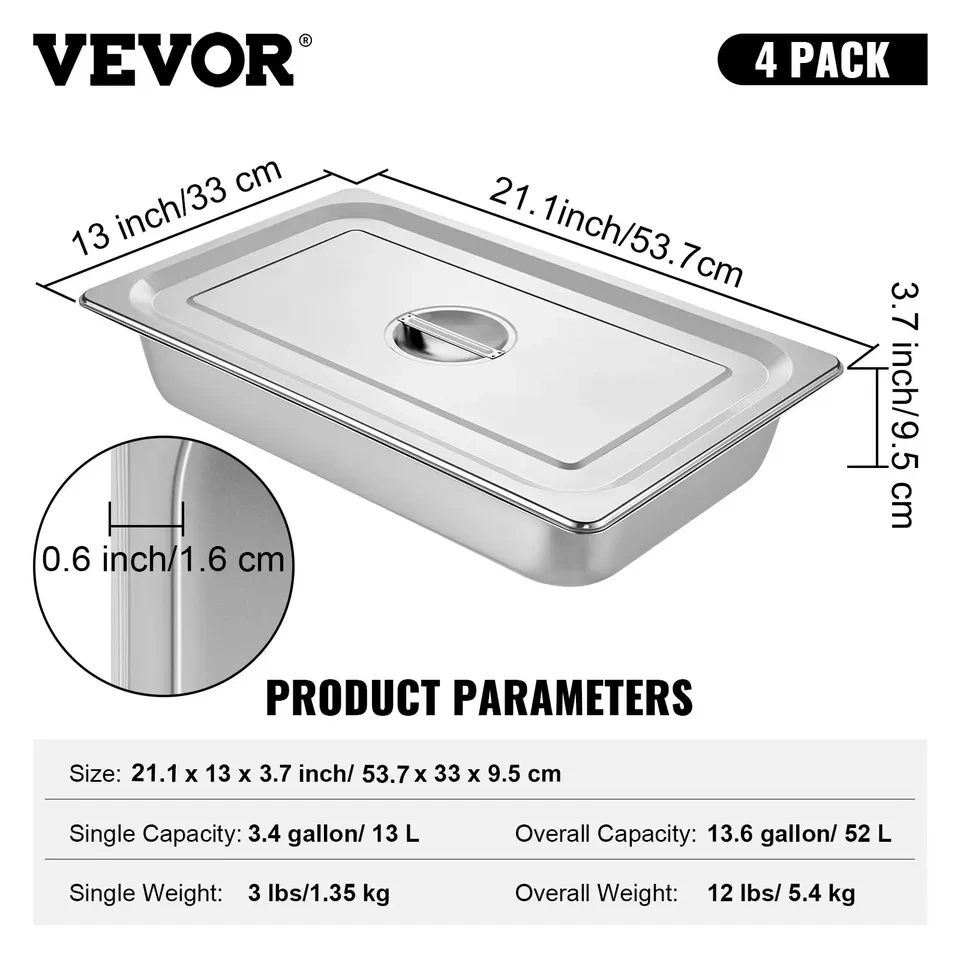 VEVOR 4 Pack Full Size Steam Table Pans - 20.9 x 12.8 x 3.9" - photo 2