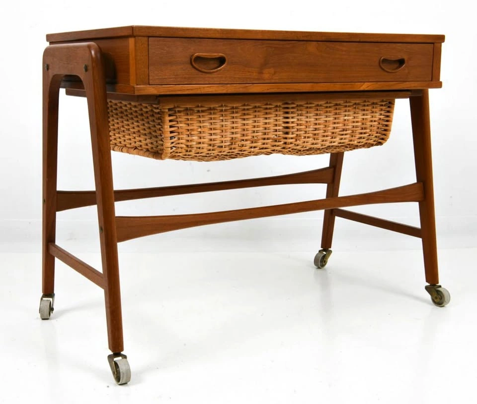 Vintage ATTR Povl Dinesen Teak & Rattan 1970s Sewing Table