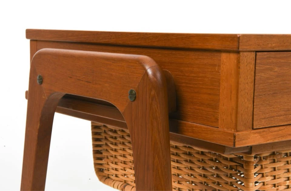 Vintage ATTR Povl Dinesen Teak & Rattan 1970s Sewing Table - photo 3
