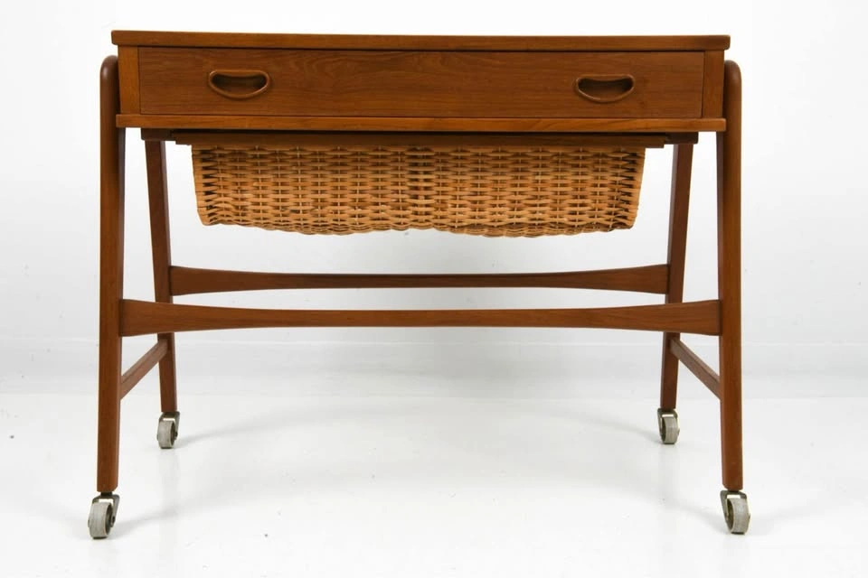 Vintage ATTR Povl Dinesen Teak & Rattan 1970s Sewing Table - photo 5