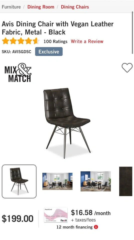 Avis Dining Chair with Vegan Leather Fabric, Metal - Black x 4 - photo 4