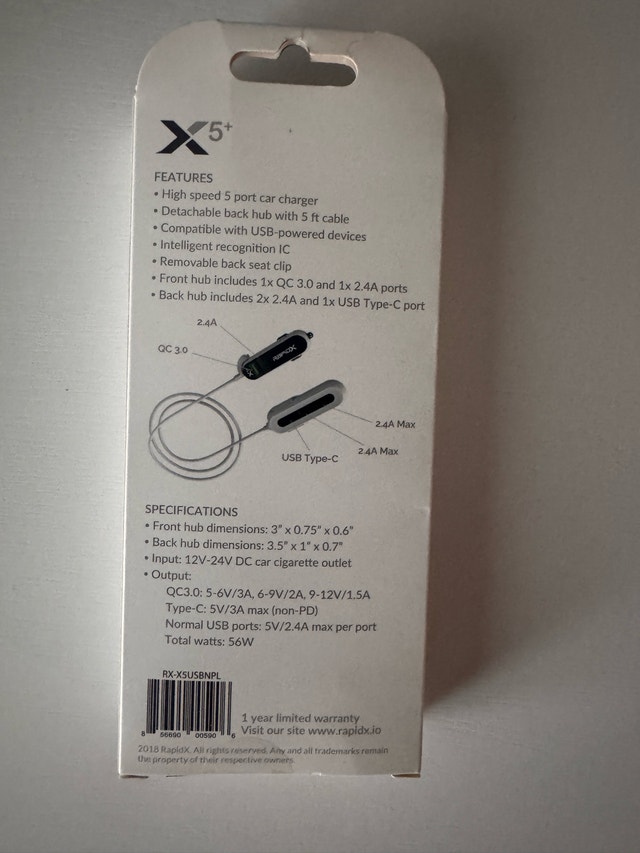 RapidX X5+ 5 Port USB Car Charger QC 3.0 Type-C Hub - photo 2