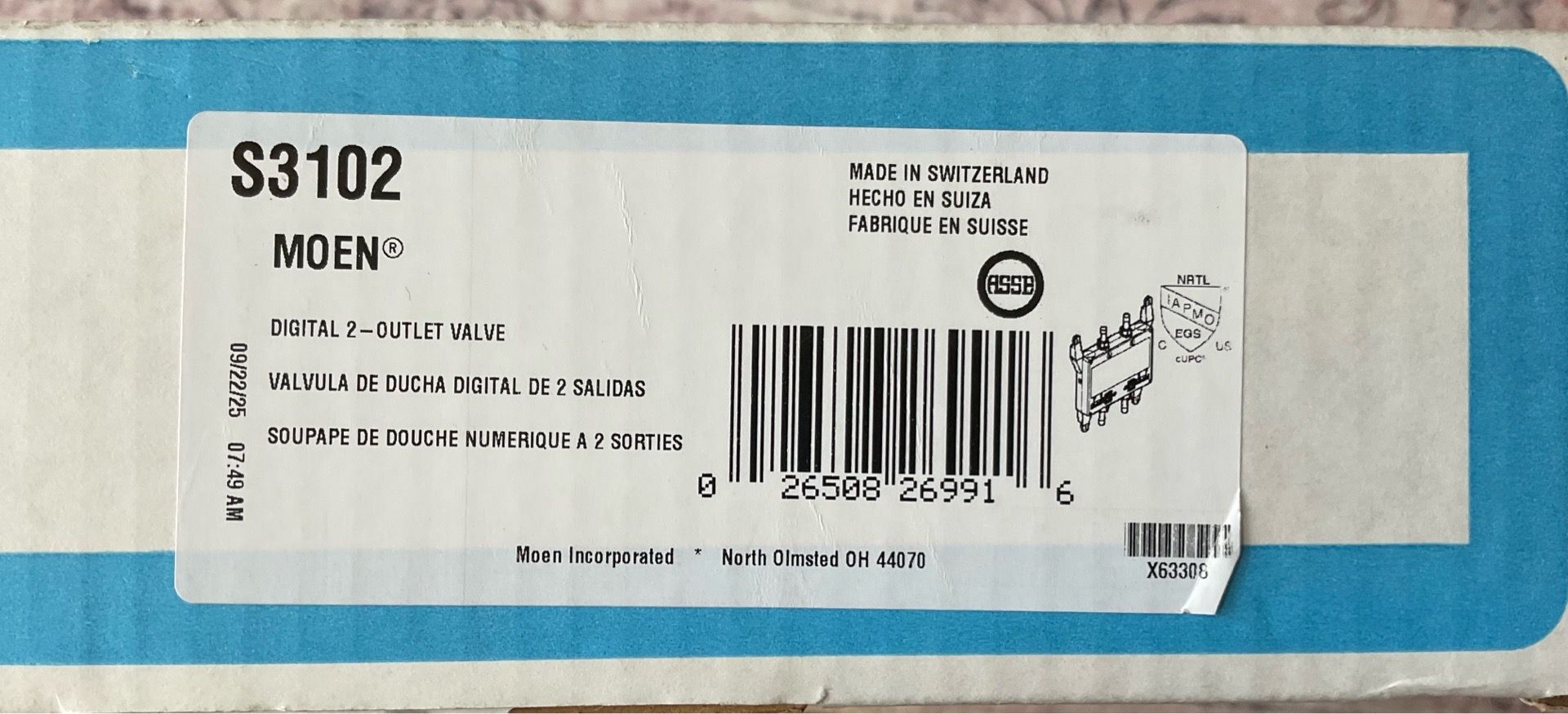 Moen S3102 2-Outlet Thermostatic Digital Shower Valve - New