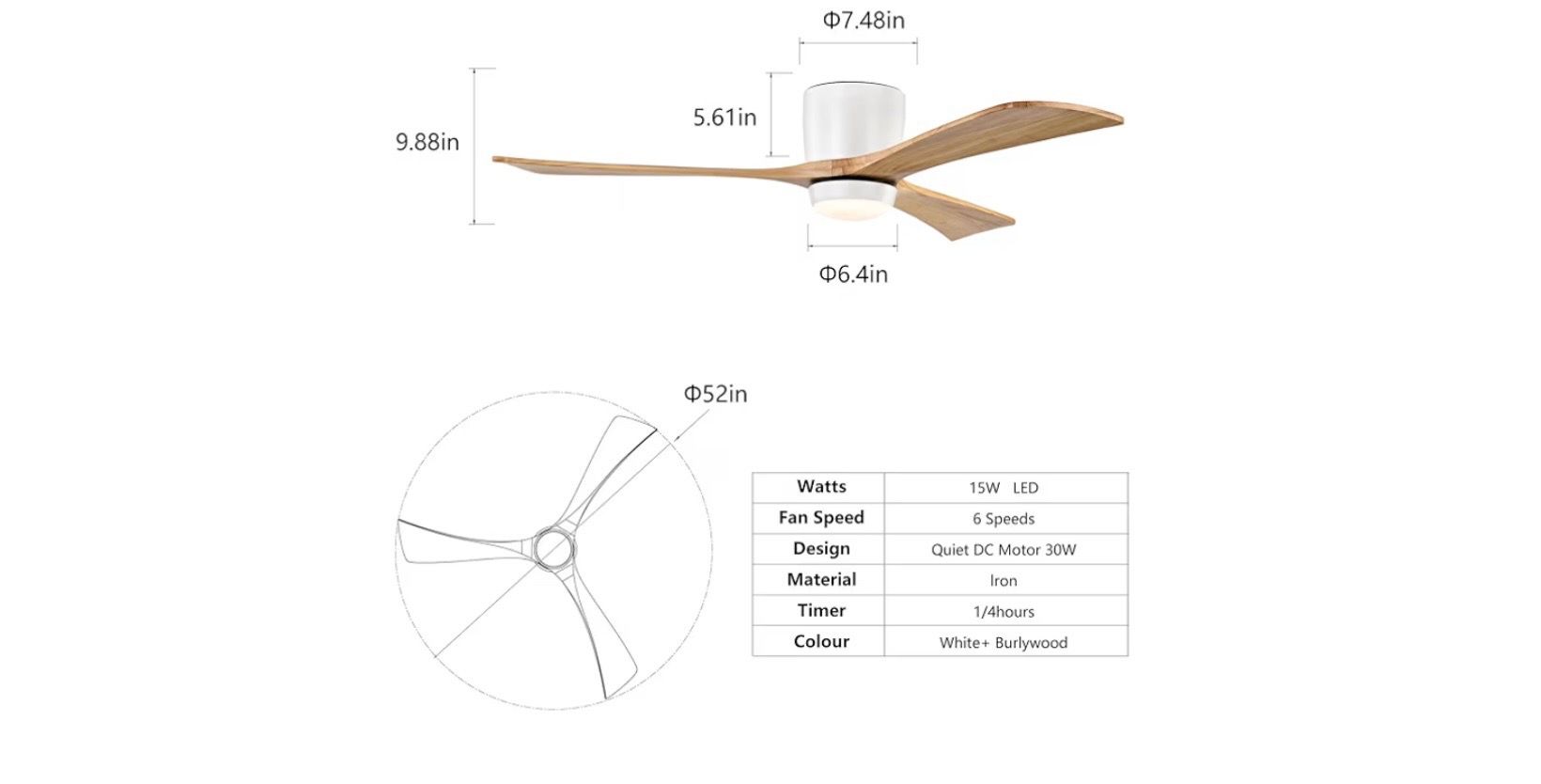 52" Flush Mount Solid Wood Blades Ceiling Fan with Lights - photo 3