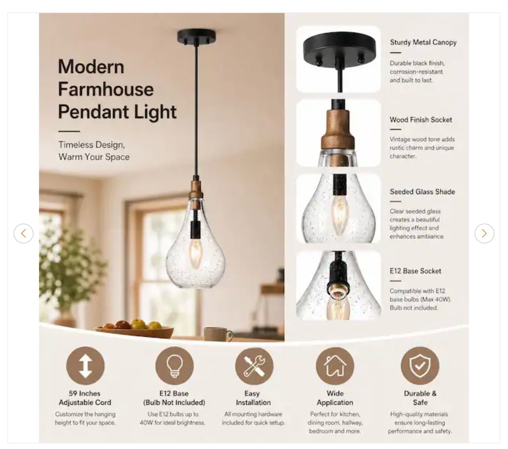 Modern Farmhouse Teardrop Pendant Lighting Maya 1-Light Black Wo - photo 3