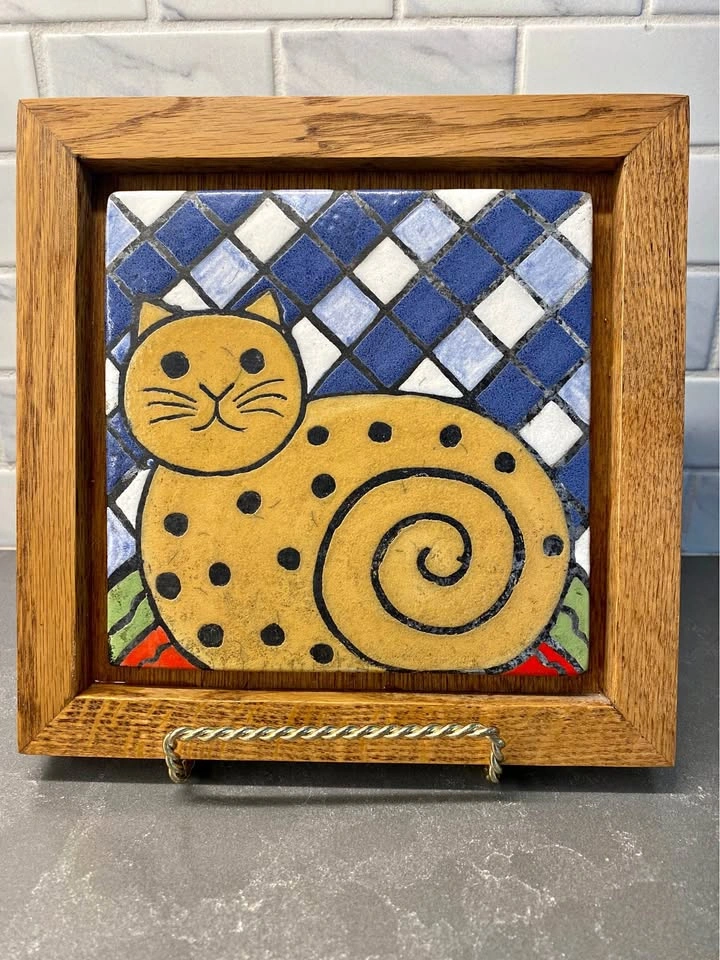 Vintage Framed Ceramic Tile Art with Cat motif